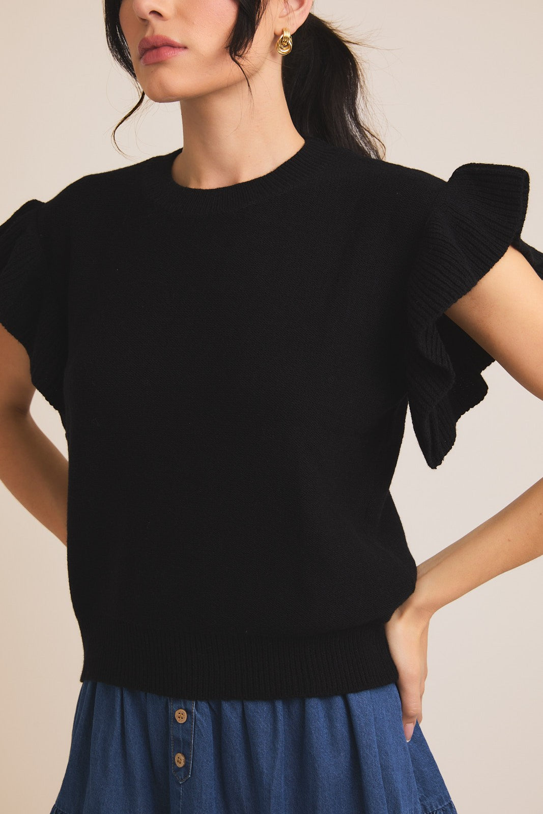Black Flutter Sleeve Top