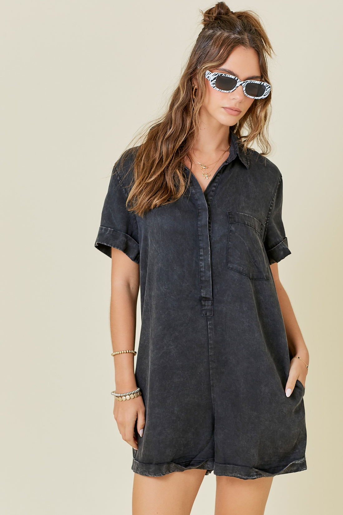 Washed Black Cuff Sleeve Denim Romper
