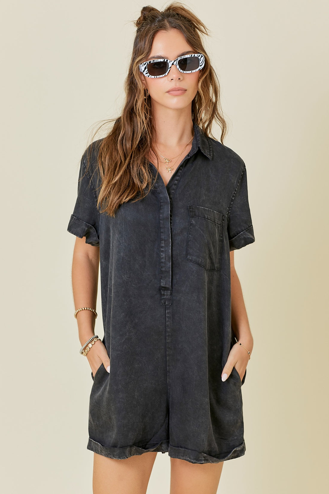 Washed Black Cuff Sleeve Denim Romper