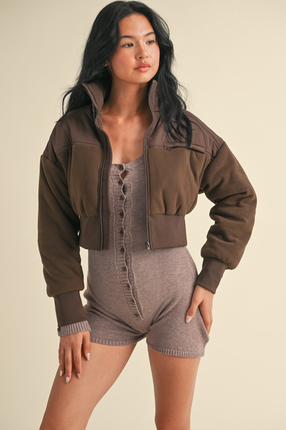 Chocolate Fleece Crop Jacket
