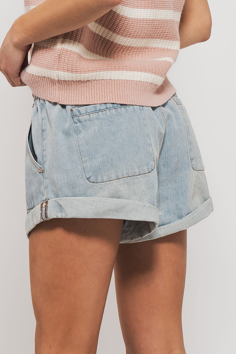 Elastic Denim Shorts