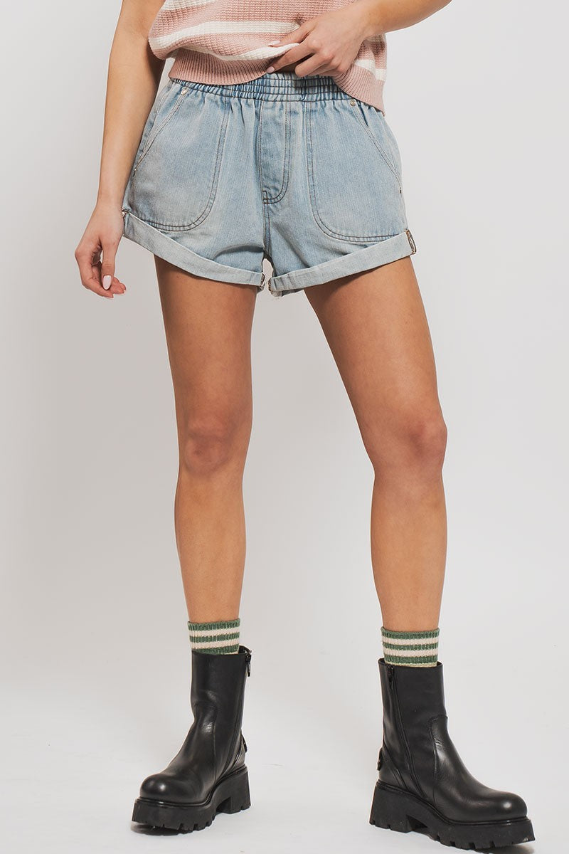Elastic Denim Shorts