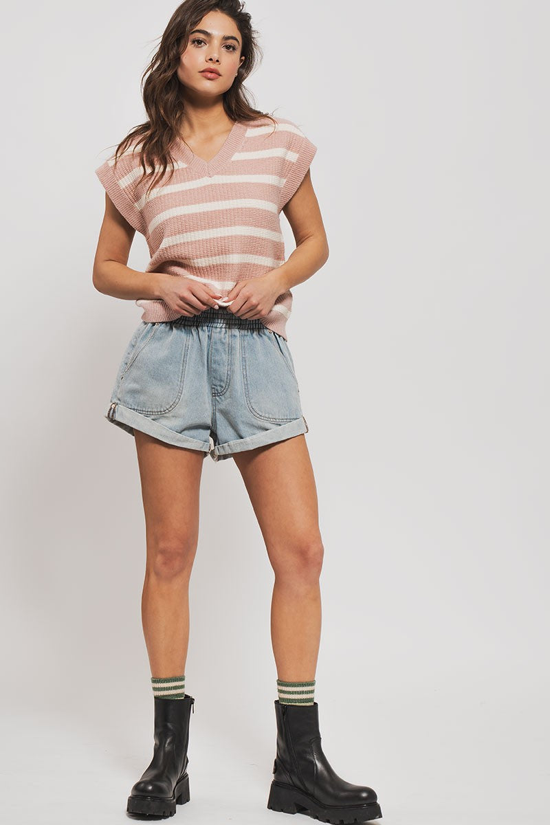 Elastic Denim Shorts