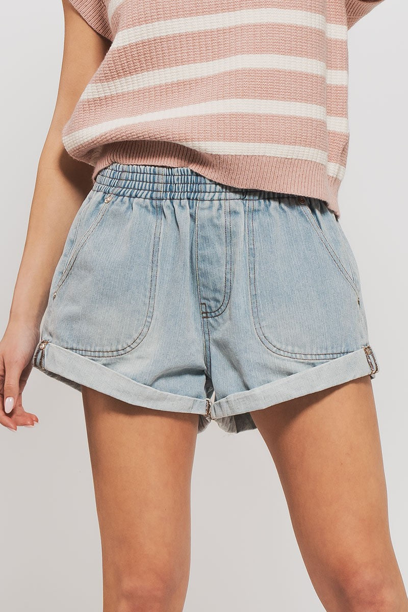 Elastic Denim Shorts