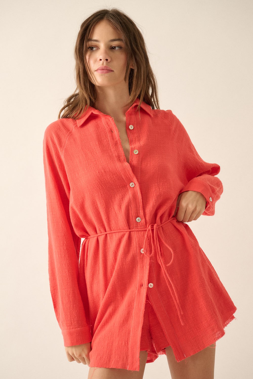 Coral Button Romper Dress
