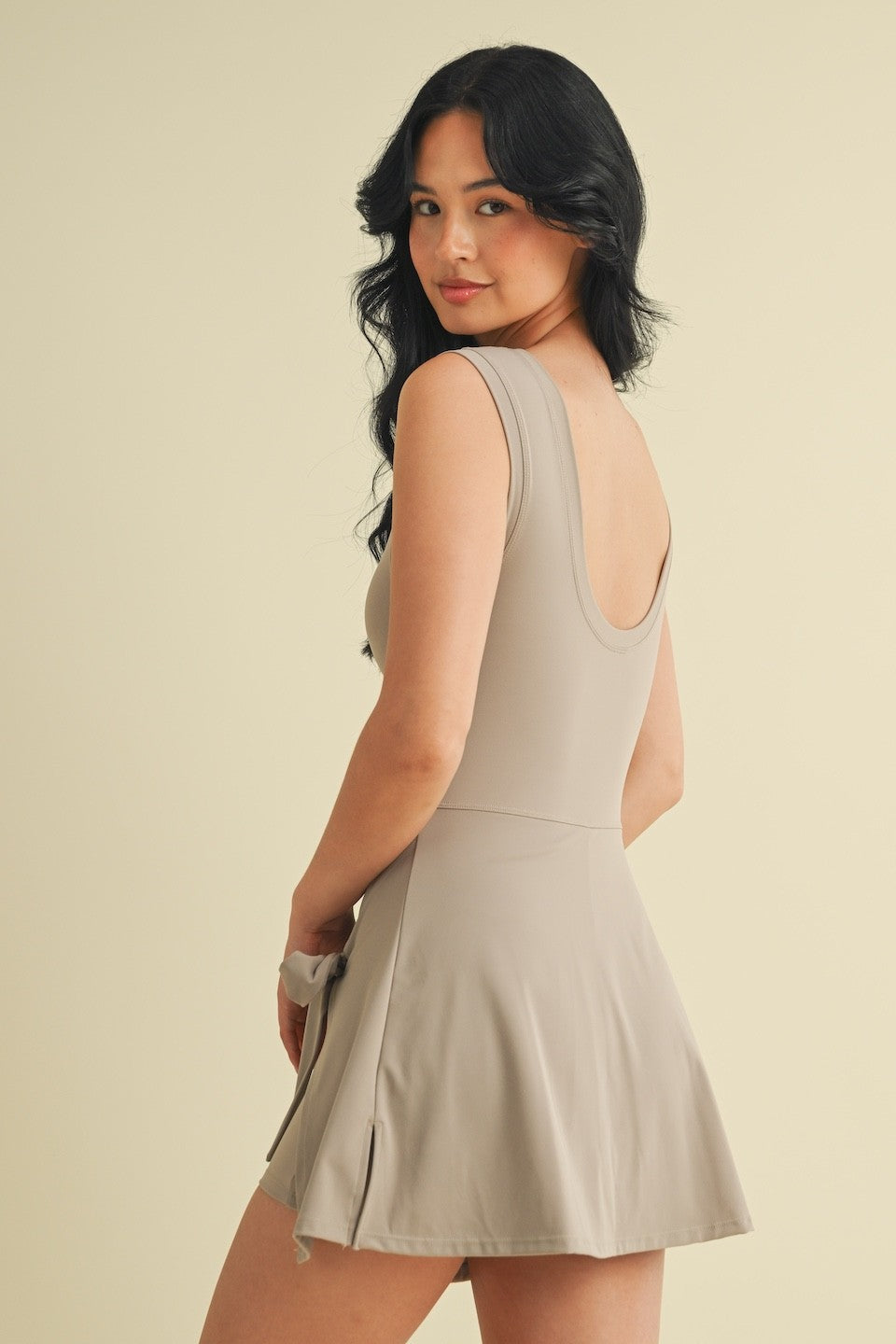 Taupe Sleeveless Wrap Tie Front Dress