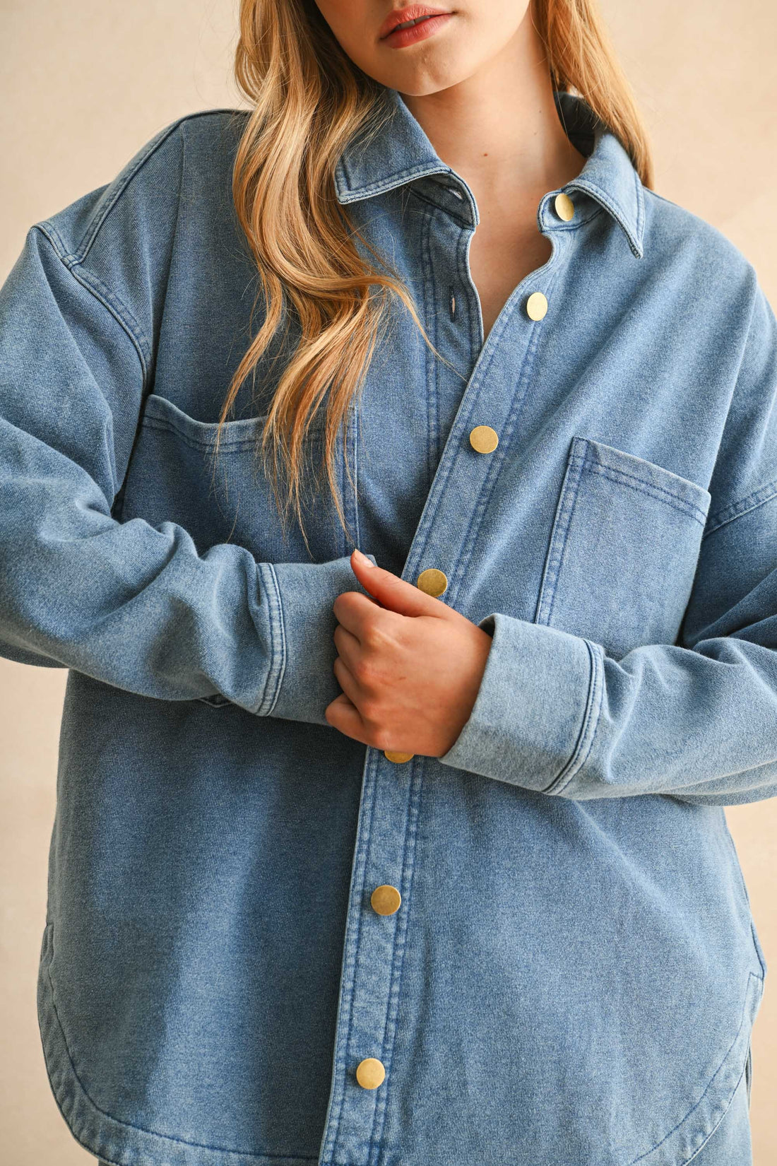 Denim Blue Washed Knitted Button Front Shirt Jacket