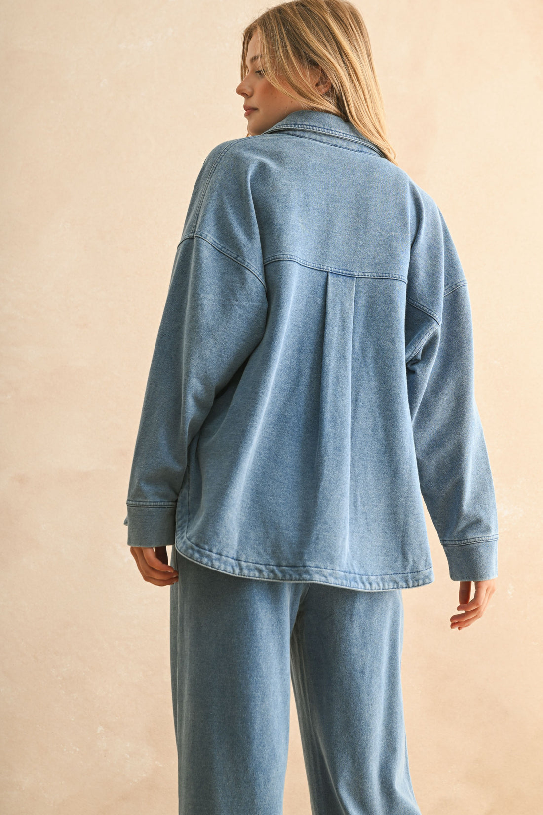 Denim Blue Washed Knitted Button Front Shirt Jacket