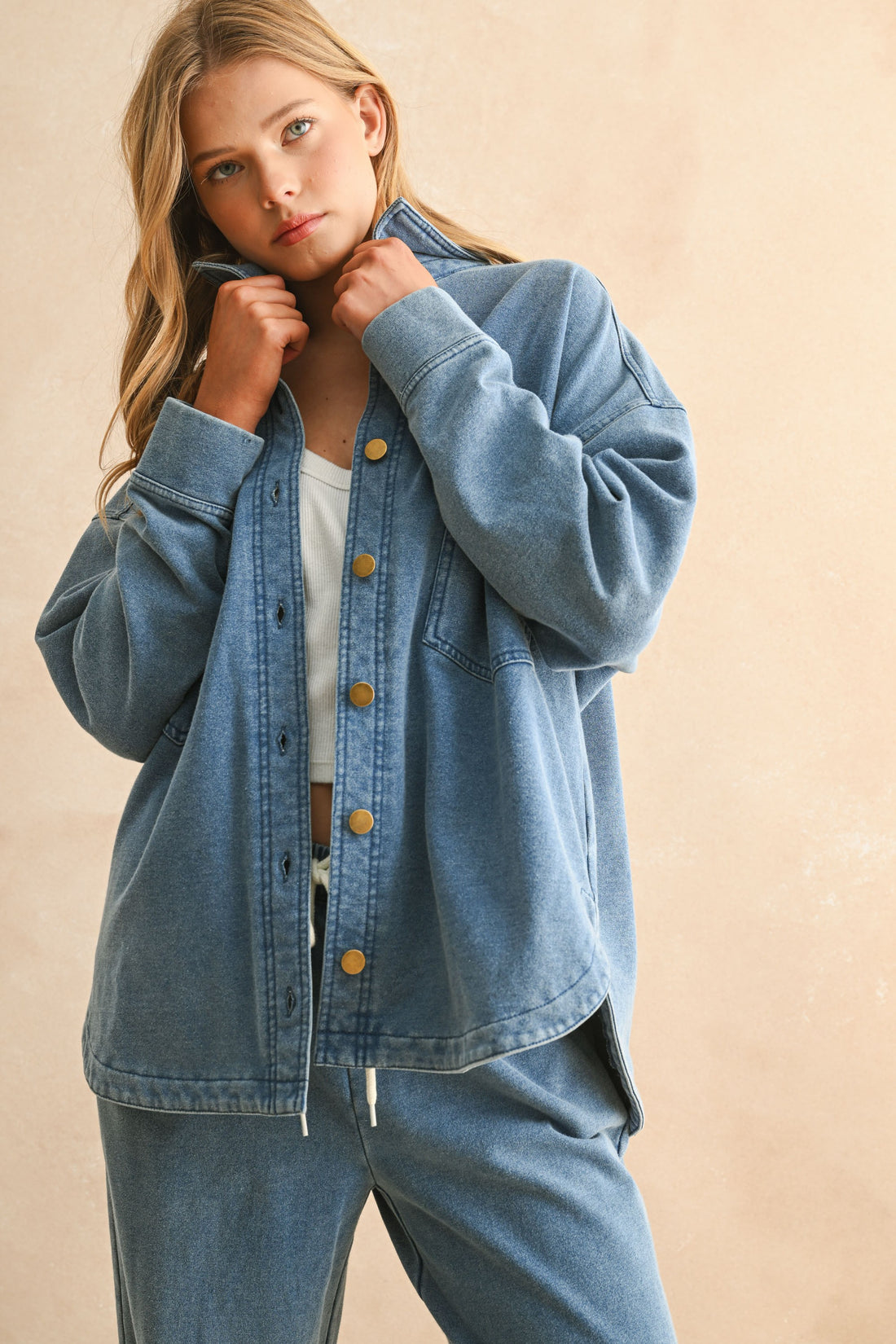 Denim Blue Washed Knitted Button Front Shirt Jacket