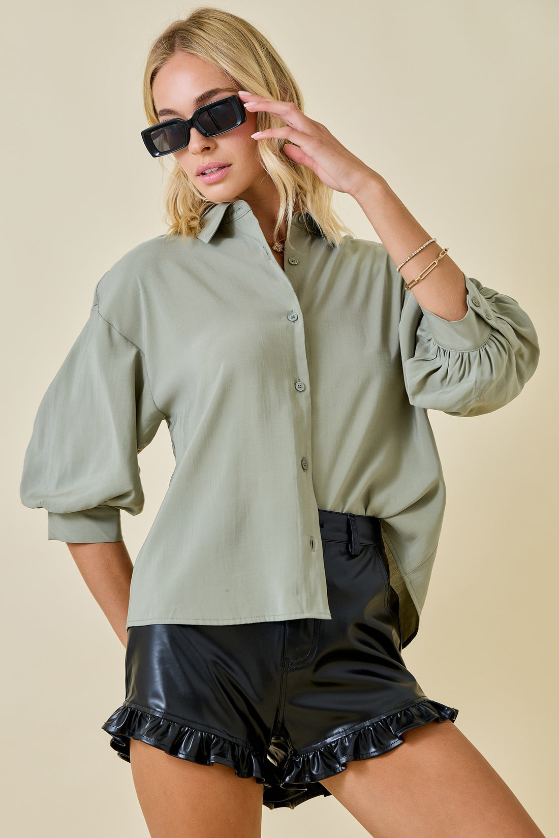 Olive Button Down Collared Shirt- 3/4 Puff Sleeve