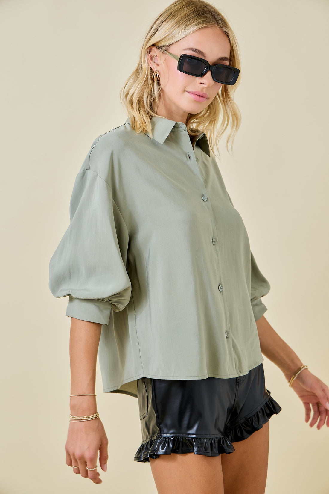 Olive Button Down Collared Shirt- 3/4 Puff Sleeve