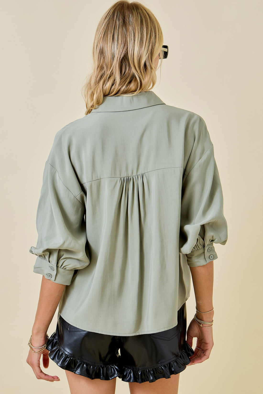 Olive Button Down Collared Shirt- 3/4 Puff Sleeve