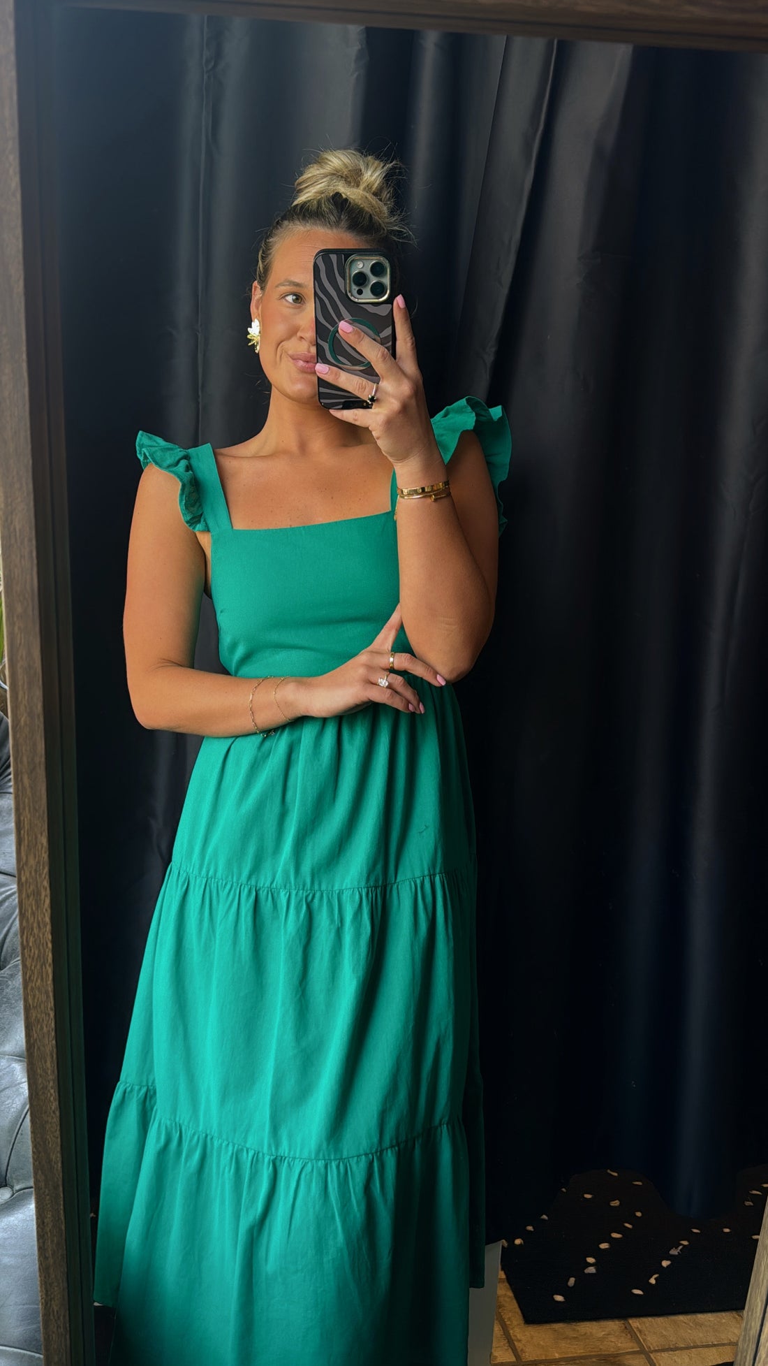 Green Ruffle Sleeve Open Back Midi Dress