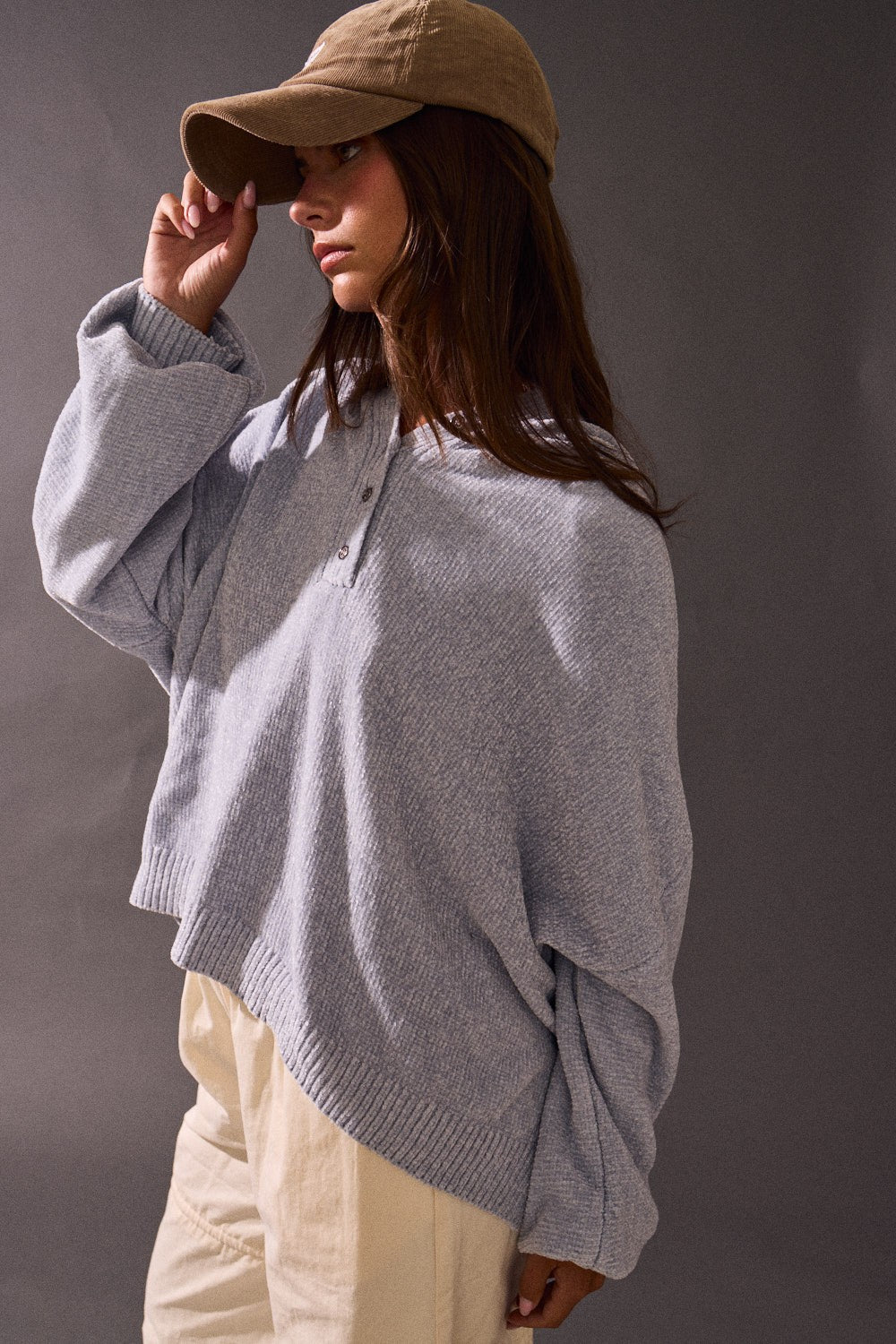 Blue Loose Fit 1/4 Button-Up Hoodie