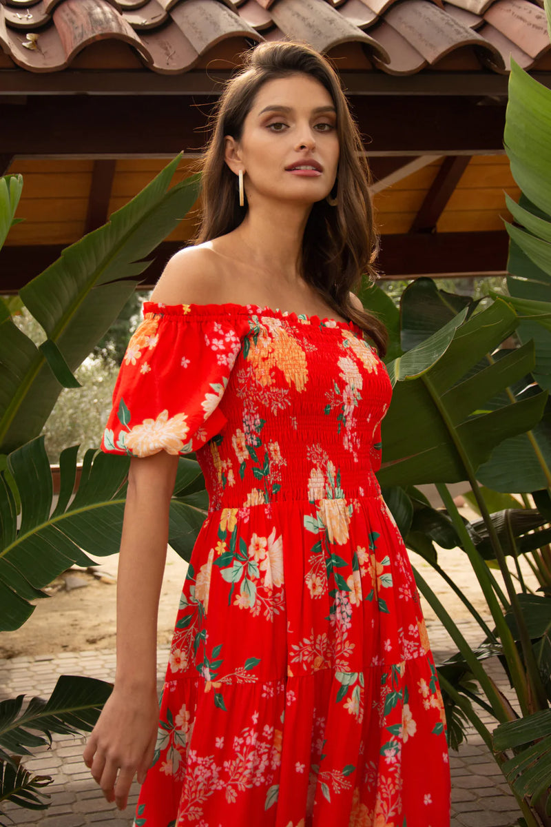 Red floral off the shoulder dress shop