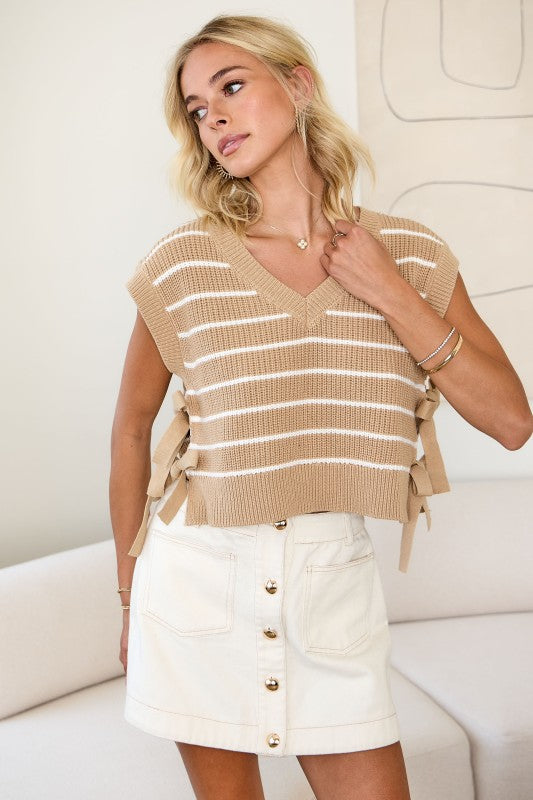 Taupe and Off White Striped V-Neck Side Tie Vest
