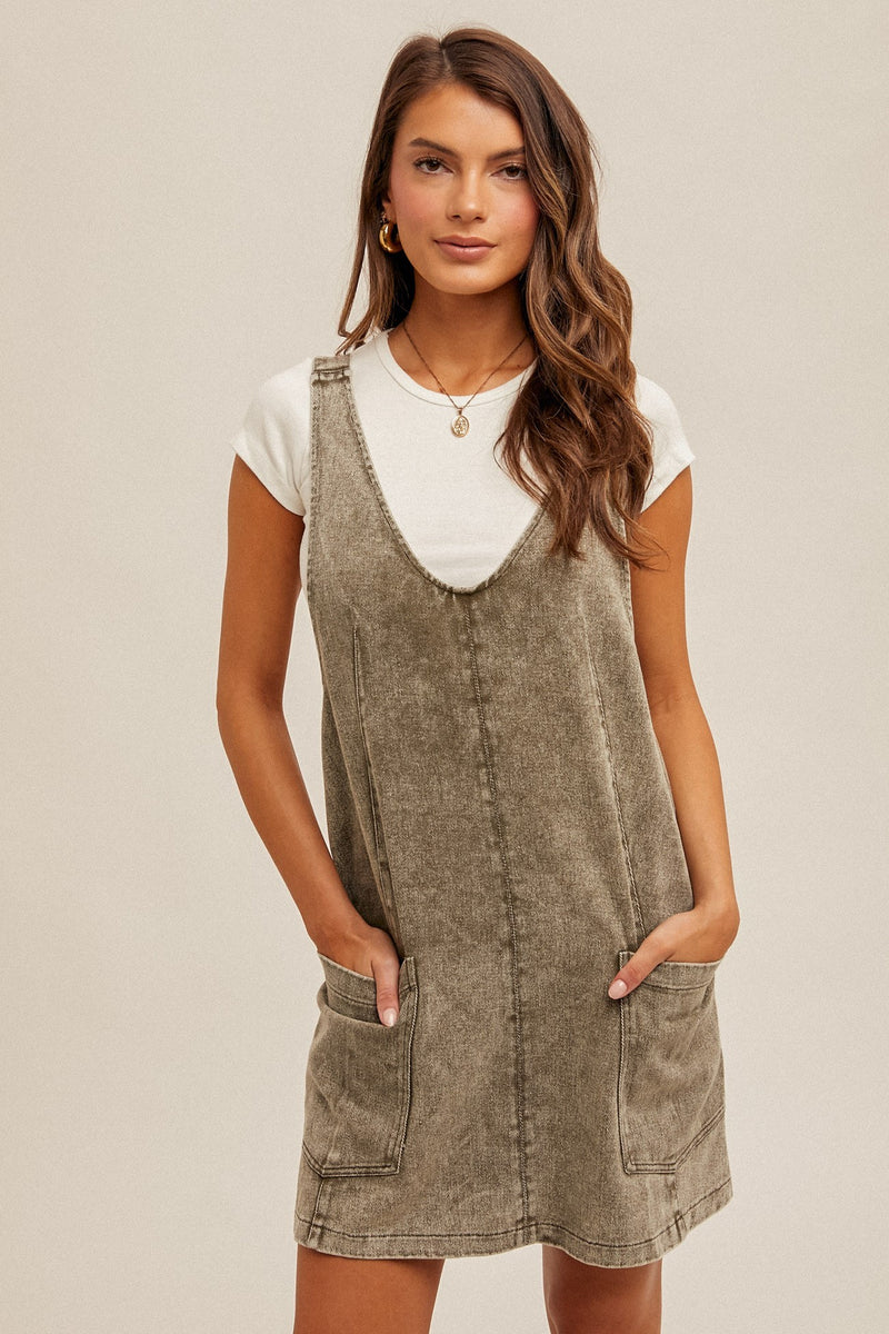 Olive Washed Overall Dress