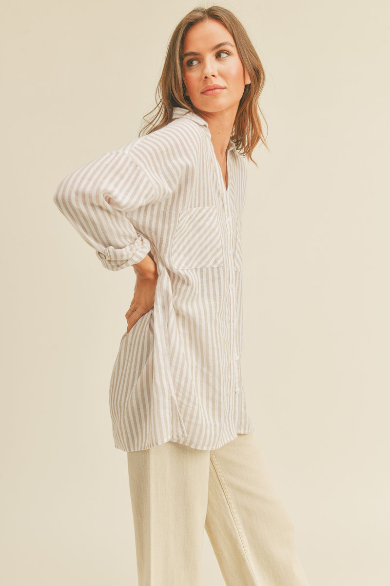 Tan Striped Button-up Shirt