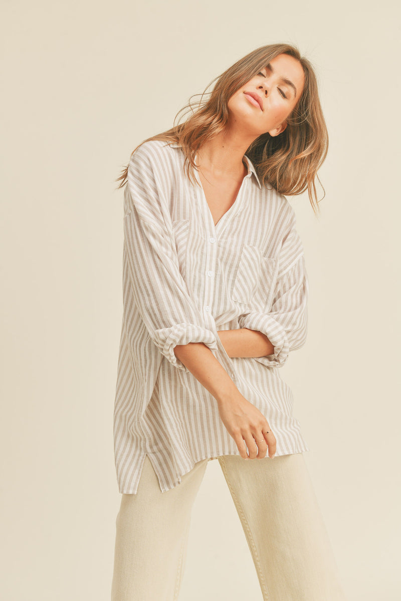 Tan Striped Button-up Shirt