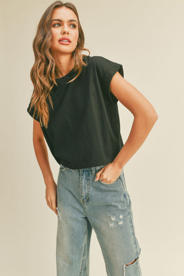Basic Cuffed Sleeve Tee - black