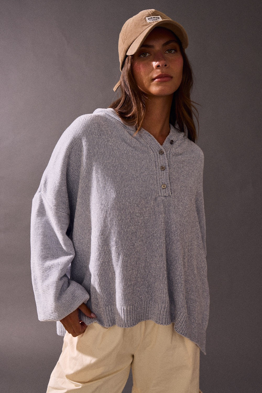 Blue Loose Fit 1/4 Button-Up Hoodie