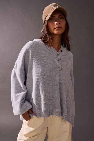 Blue Loose Fit 1/4 Button-Up Hoodie