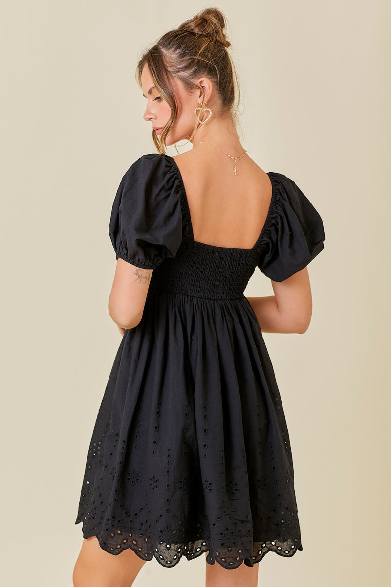 Embroidery Babydoll Black Dress