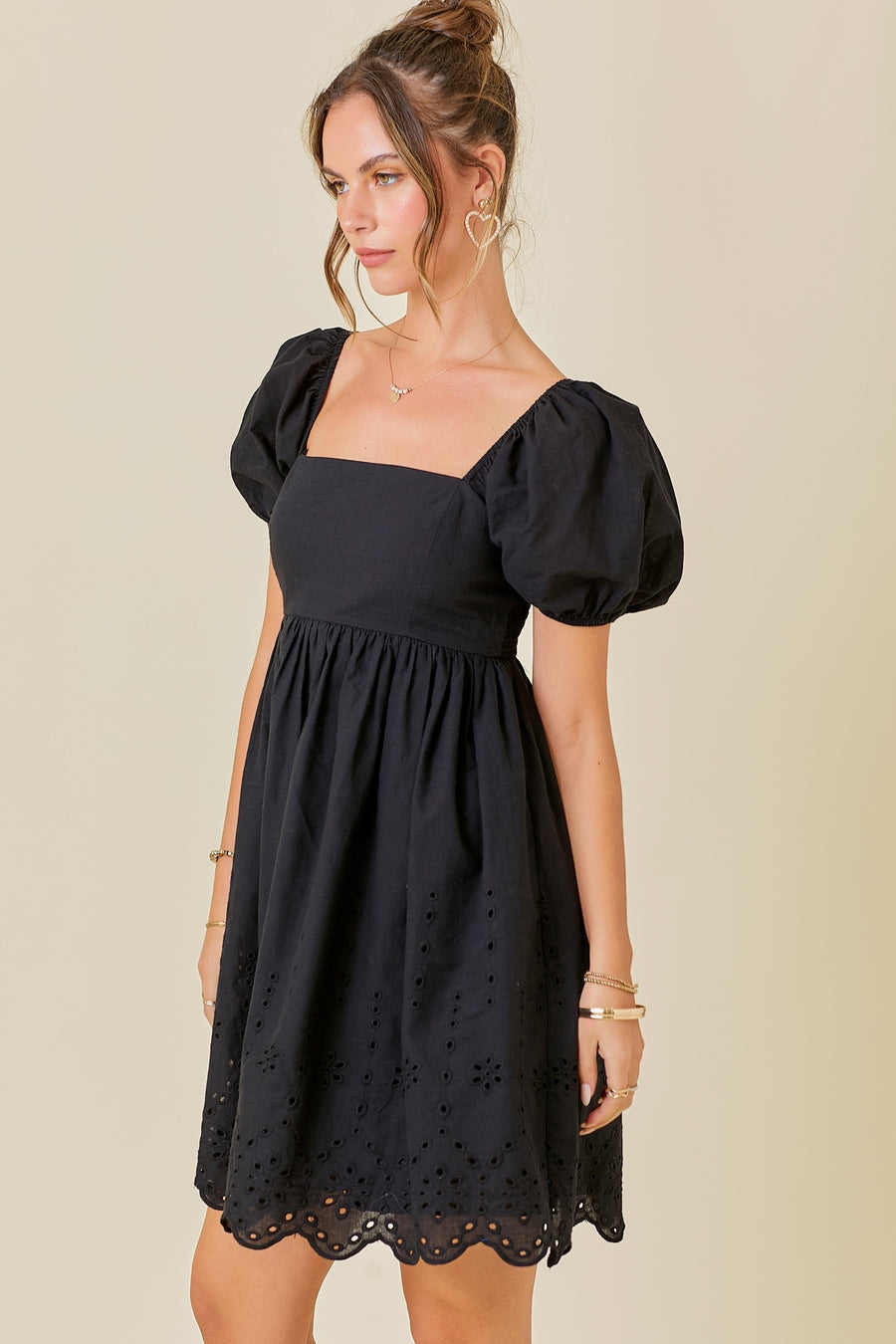 Embroidery Babydoll Black Dress