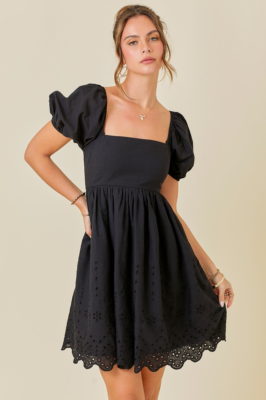 Embroidery Babydoll Black Dress