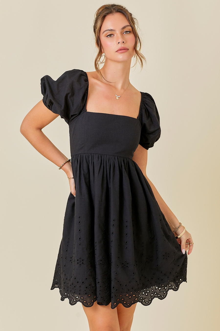 Embroidery Babydoll Black Dress