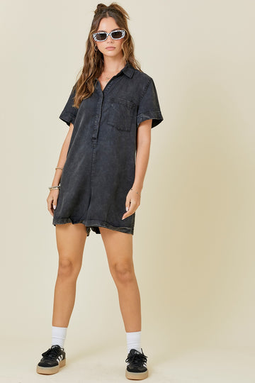 Washed Black Cuff Sleeve Denim Romper