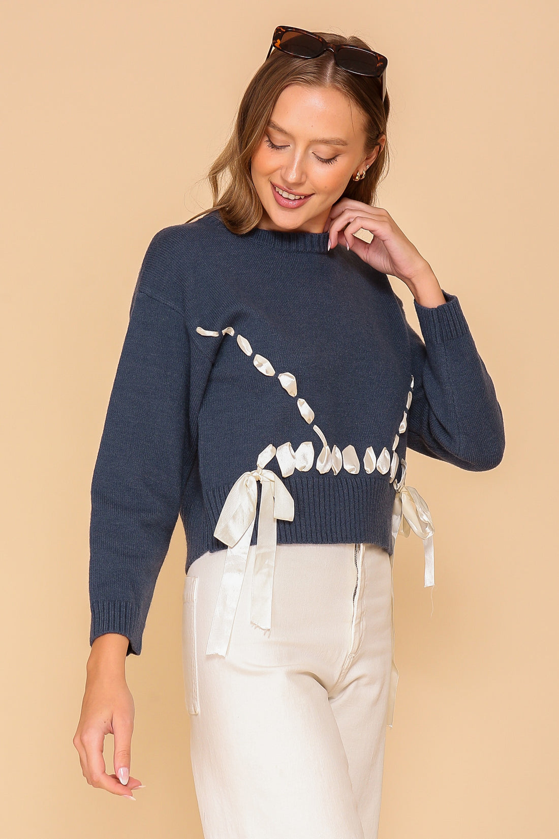 Navy Ribbon Sweater