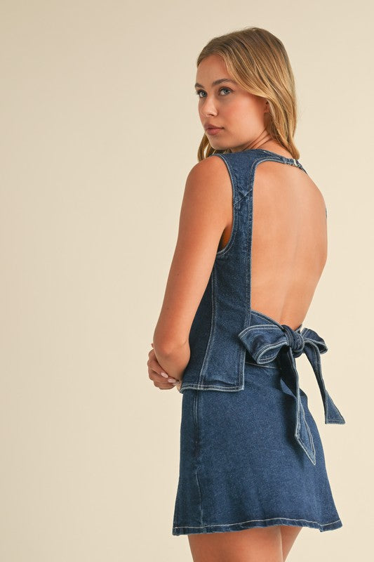 DENIM OPEN BACK TOP WITH BOW DETAIL AND MINI SKIRT