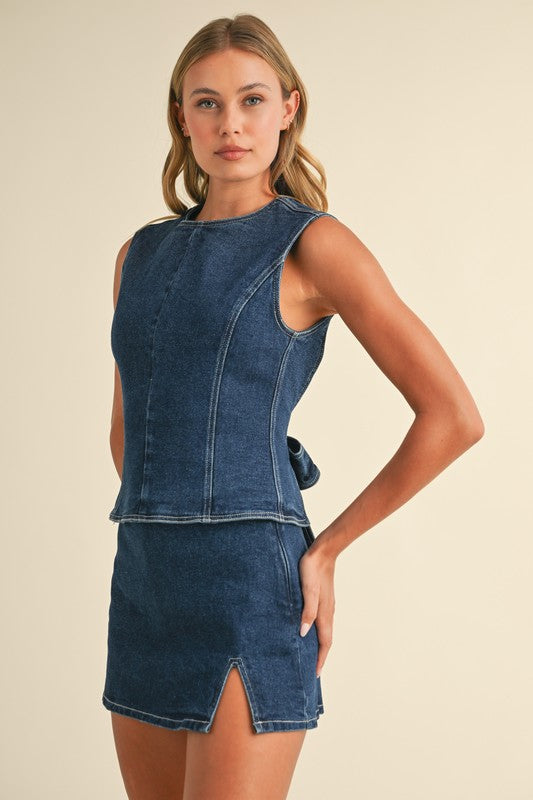 DENIM OPEN BACK TOP WITH BOW DETAIL AND MINI SKIRT