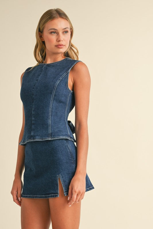 DENIM OPEN BACK TOP WITH BOW DETAIL AND MINI SKIRT