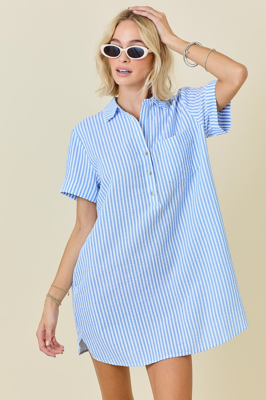 Striped Blue and White Seersucker Dress – True Boutique