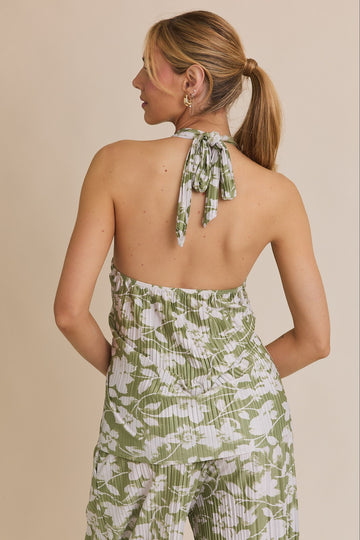 Halter Neck O-Ring Green Floral Print Pleated Top