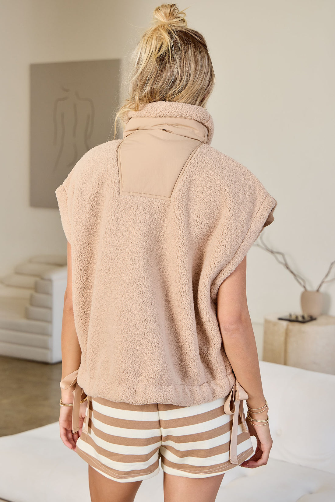 Tan Fleece Zip Vest with Tie Detail
