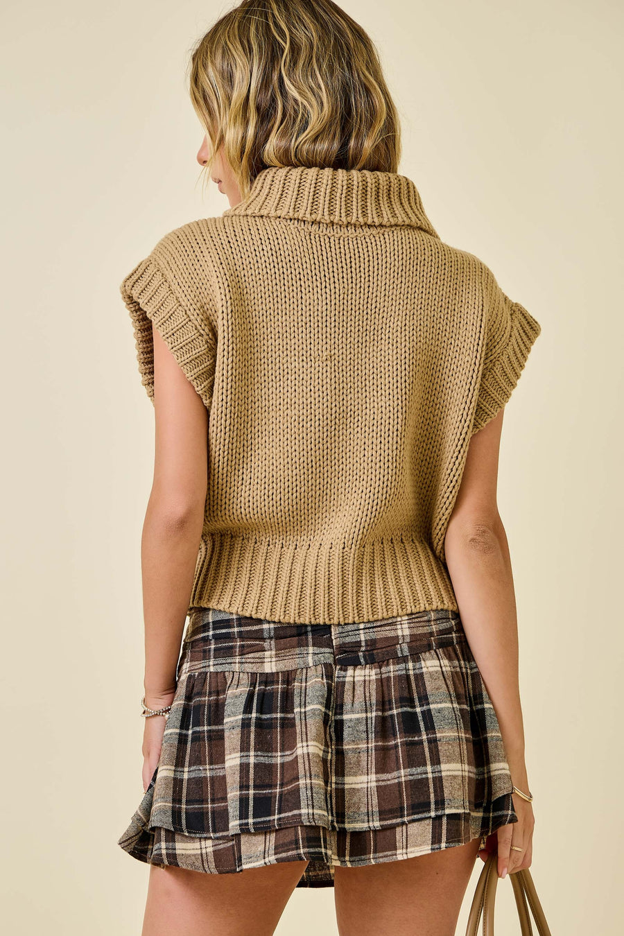 Tan Sleeveless Cropped Turtleneck Sweater