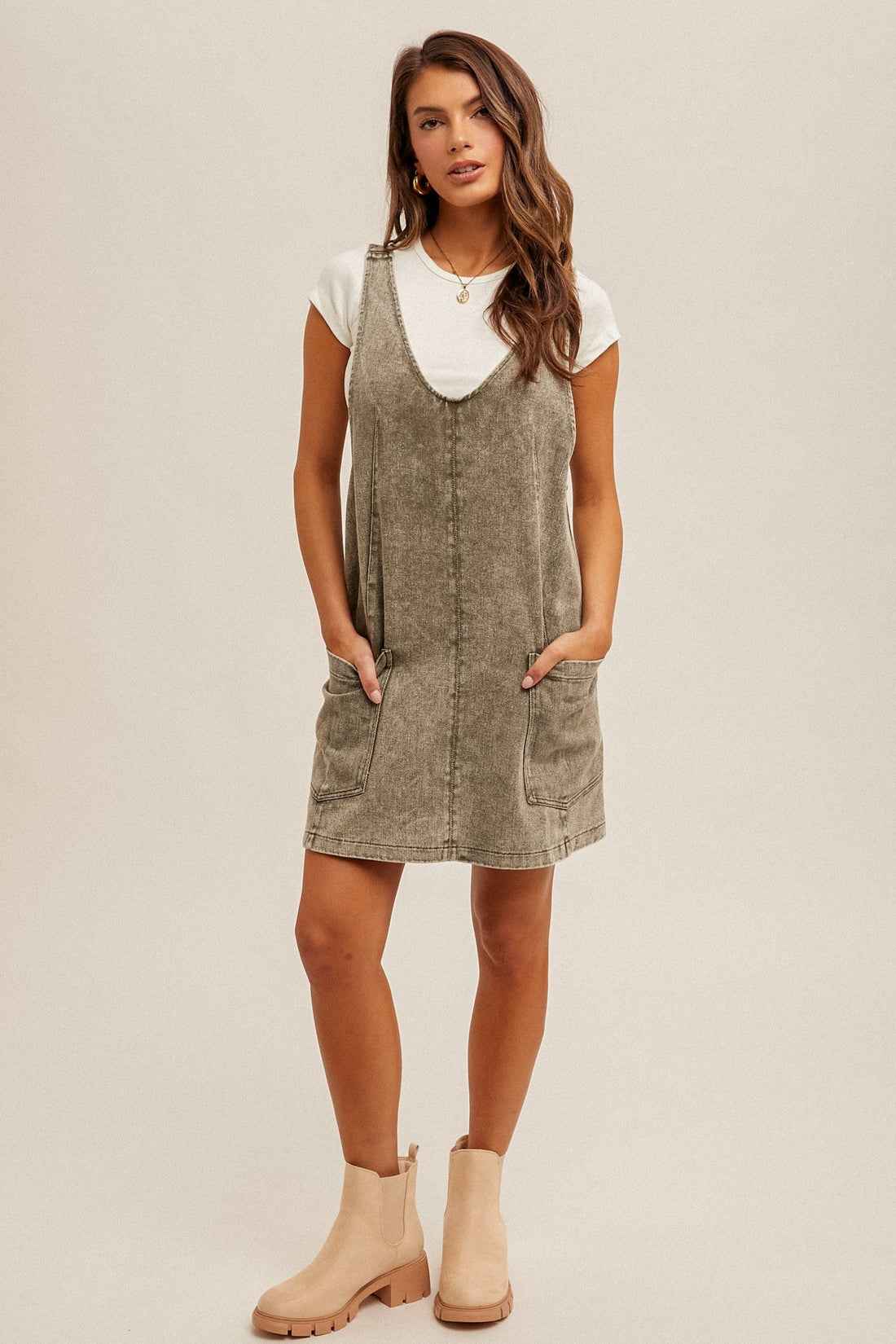 Olive Washed Overall Dress