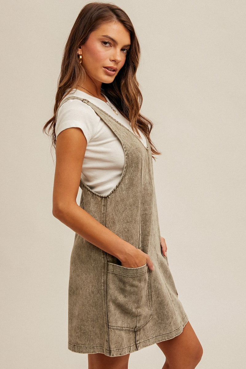 Olive Washed Overall Dress