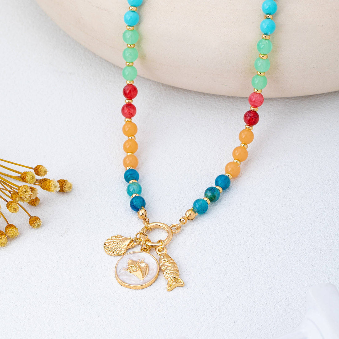 Rainbow Beaded Fish Charm Necklace