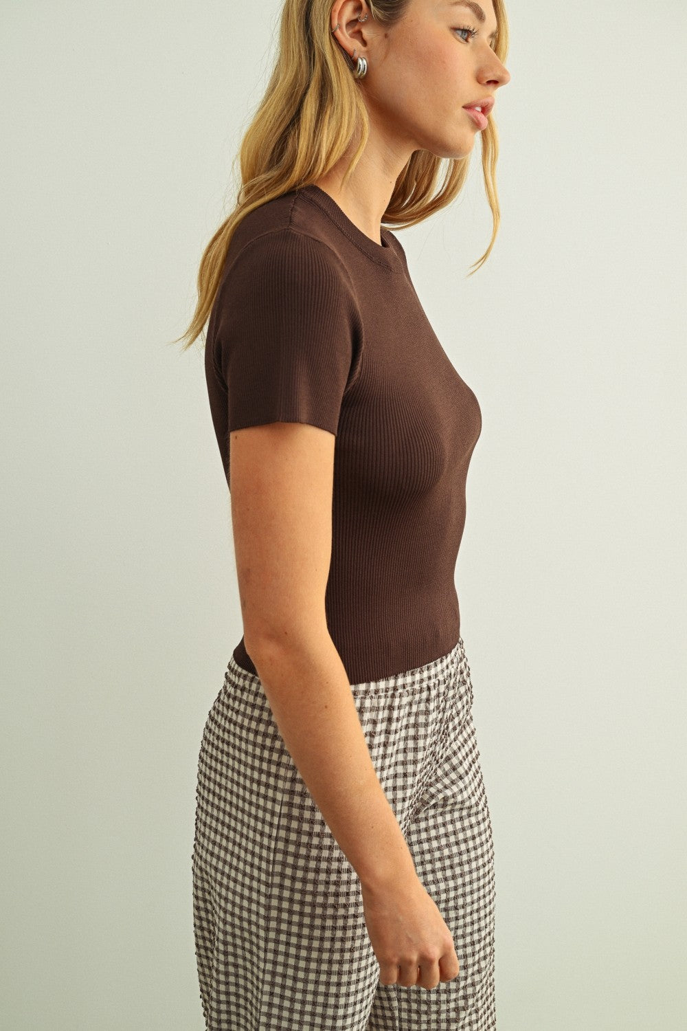 Brown Ribbed Short Sleeve Top