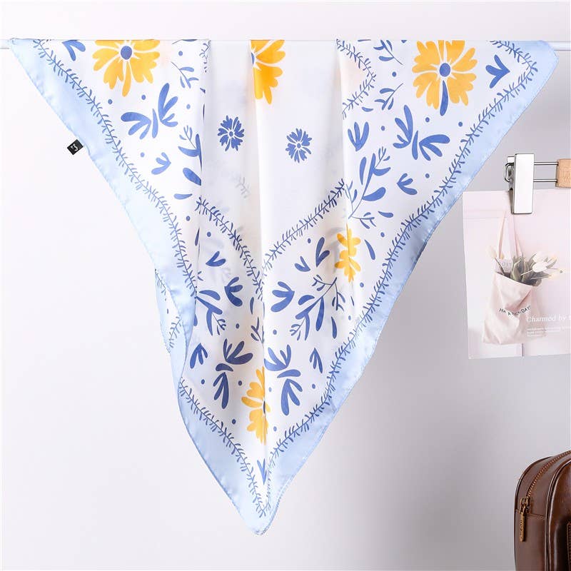 Floral Print Silk-Finish Bandana Scarf | 40SC719: Blue