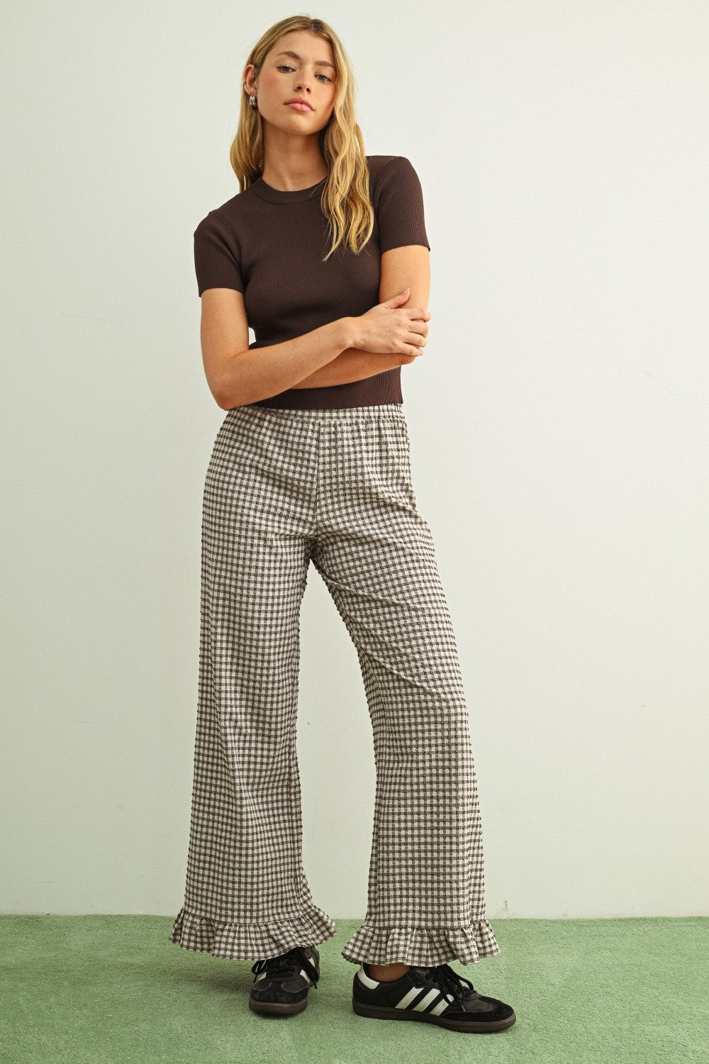Brown Ribbed Short Sleeve Top