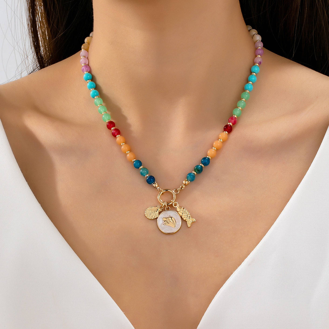 Rainbow Beaded Fish Charm Necklace