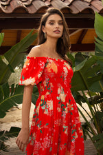 Hawaiian Print off Shoulder Midi Dress