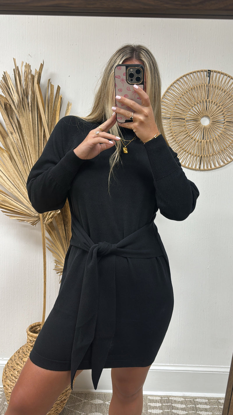 Black Long Sleeve Midi Dress with Tie Detail