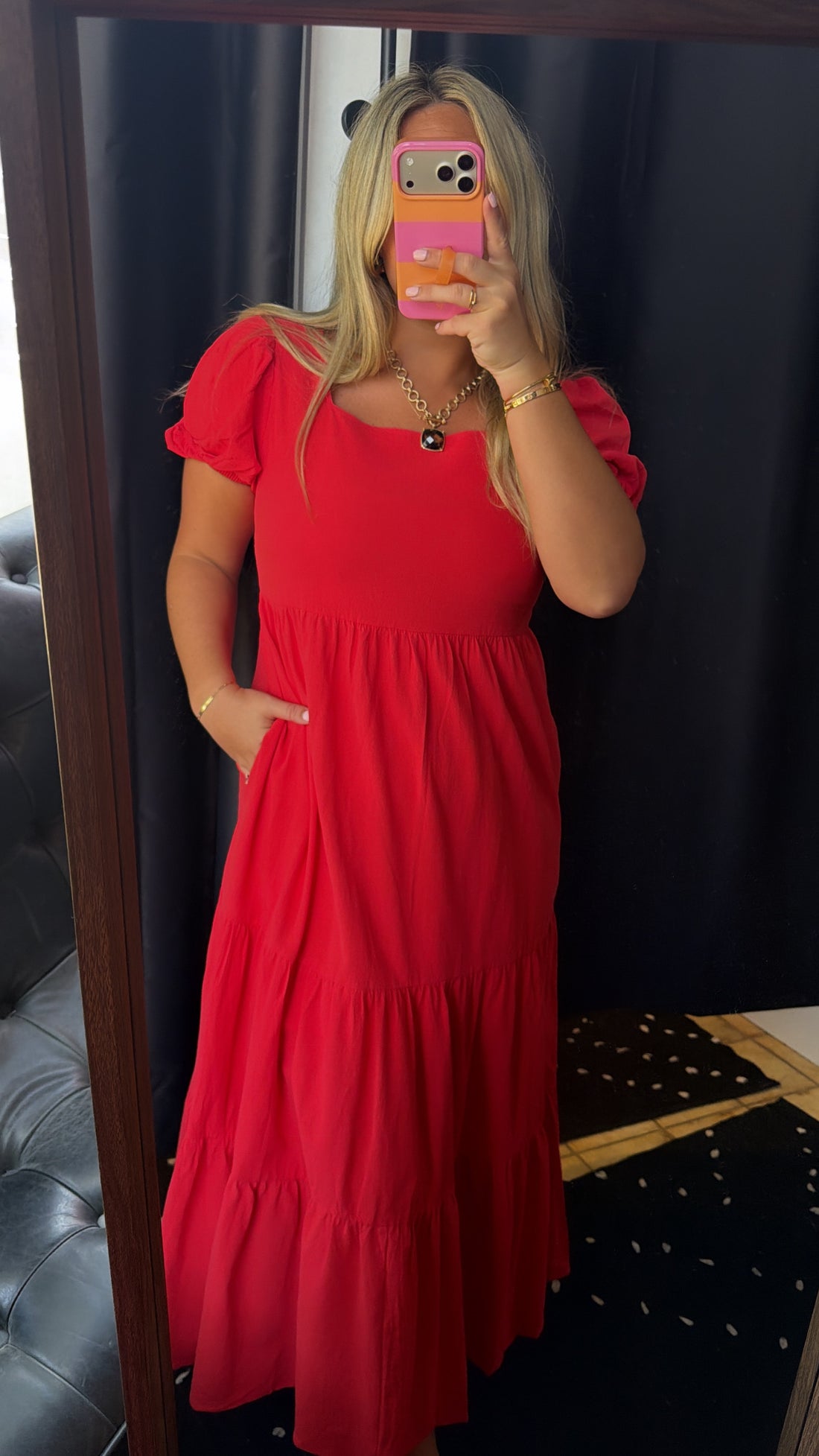 Red Tiered Square Neck Dress