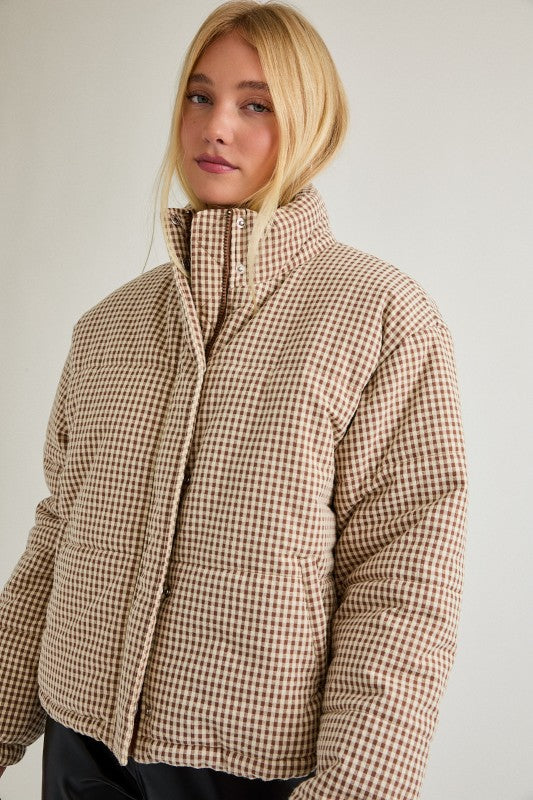 Gingham Brown and Cream Puffer Jacket